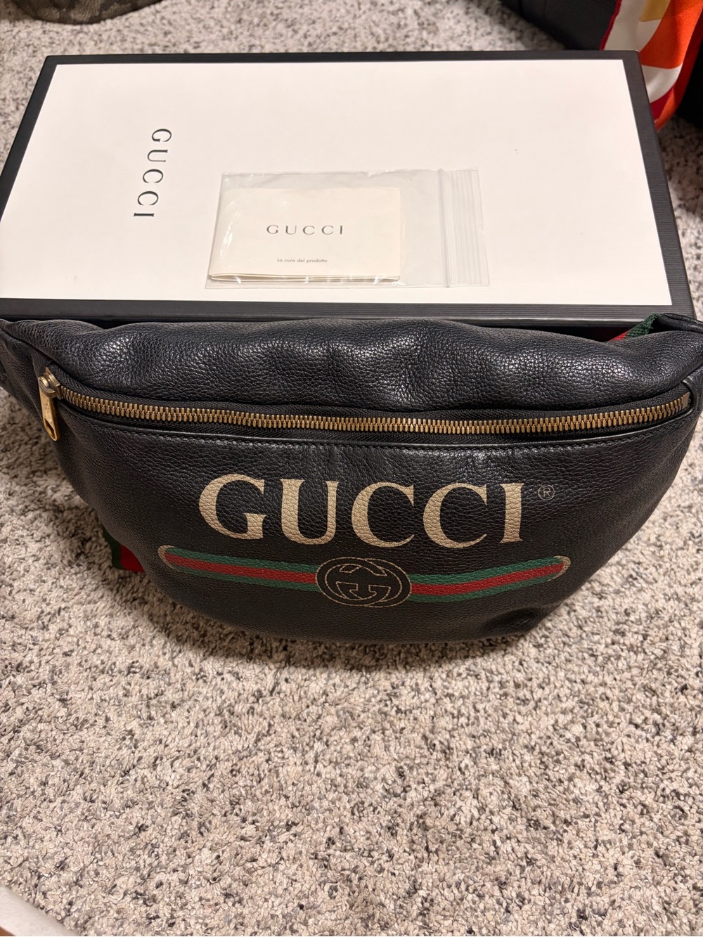 Gucci Black Leather Logo Belt Bag with Green-Red Stripe